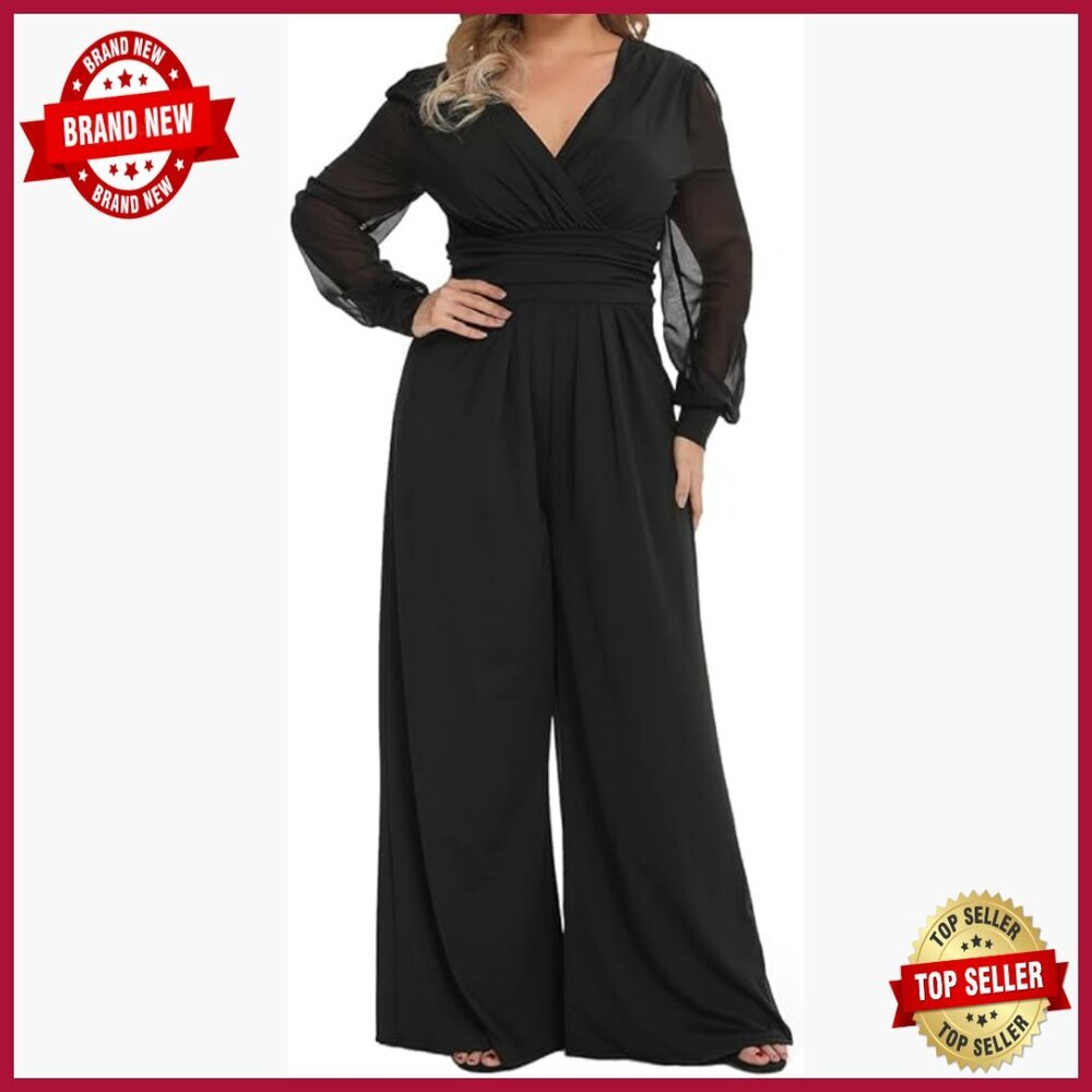 Plus Size Mesh Sleeve V Neck Jumpsuit Wide Leg Pants Date Night Outfit